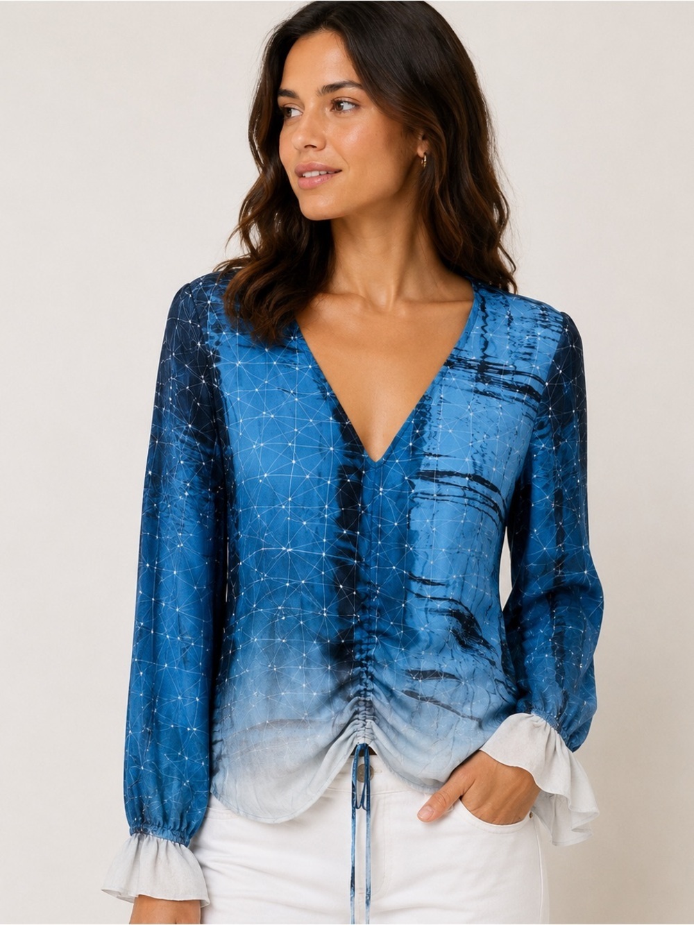 Go by GoSilk 100% Washable Silk Blue Ombre Ruched Drawstring Blouse XS